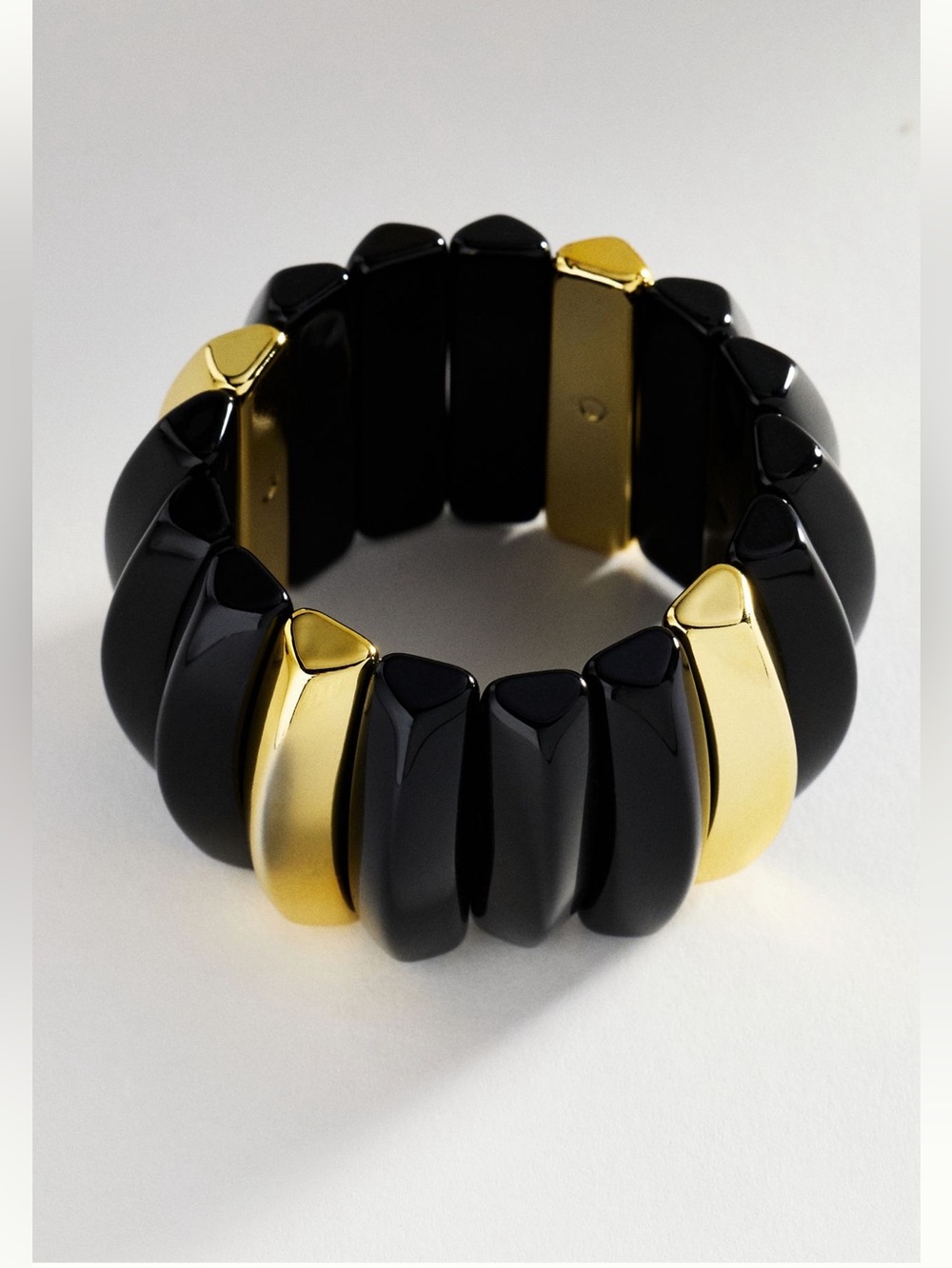 Anthropologie Resin Metal Stretch Bracelet Chunky New Two Tone Black Gold
